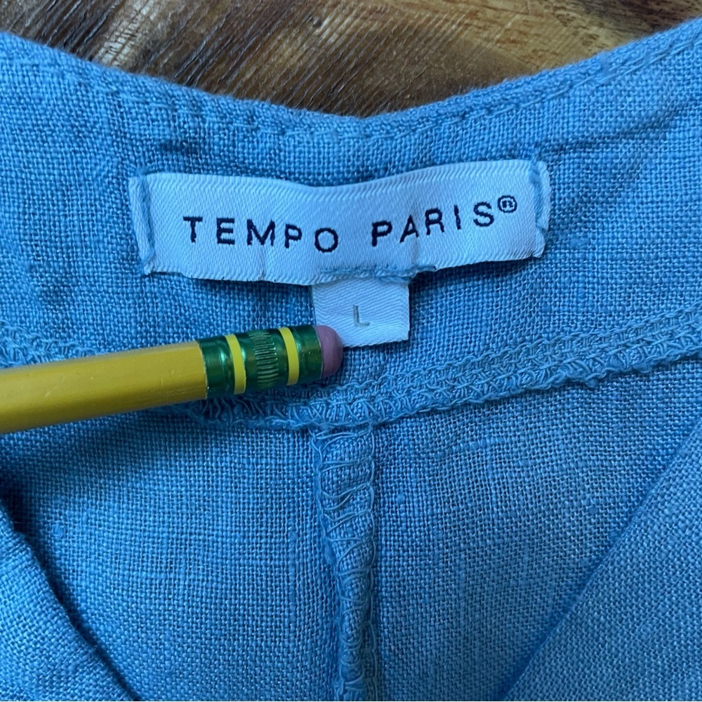 Tempo Paris Light Blue Button Detail 100% Linen V-Neck Sleeveless Dress Large - Picture 7 of 11